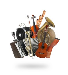 Image of Group of different musical instruments on white background