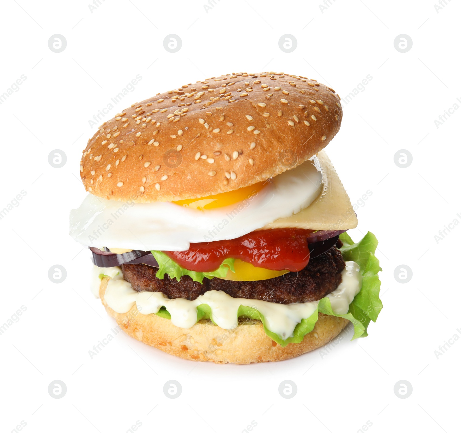 Photo of Tasty burger with fried egg on white background