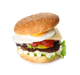 Tasty burger with fried egg on white background