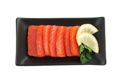 Photo of Delicious salmon sashimi served with lemon and parsley isolated on white, top view