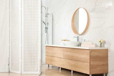 Modern bathroom interior with shower stall and folding screen