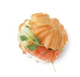 Delicious profiterole with cream cheese and salmon isolated on white, top view
