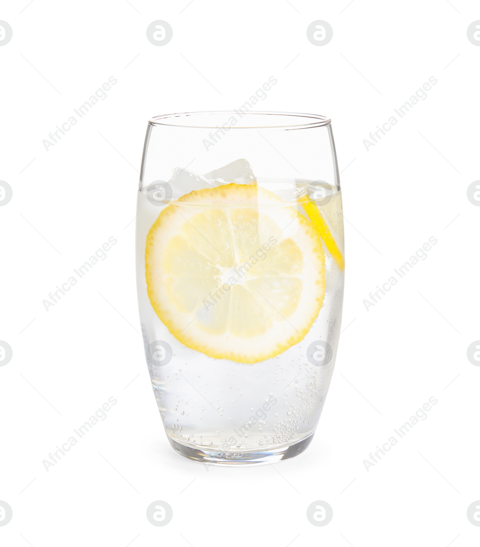 Photo of Soda water with lemon slices and ice cubes isolated on white