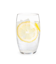 Soda water with lemon slices and ice cubes isolated on white