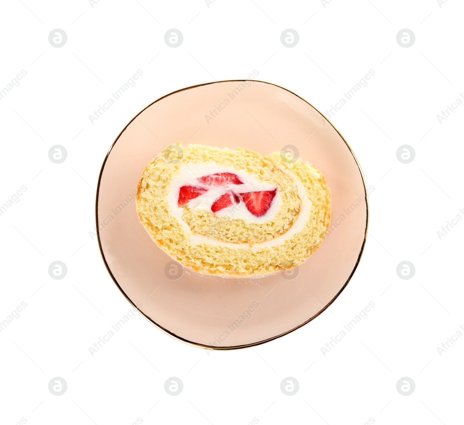 Photo of Slice of delicious sponge cake roll with strawberries and cream on white background, top view