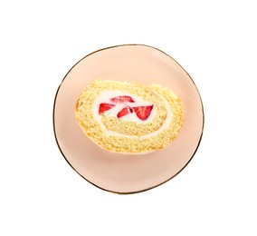 Photo of Slice of delicious sponge cake roll with strawberries and cream on white background, top view