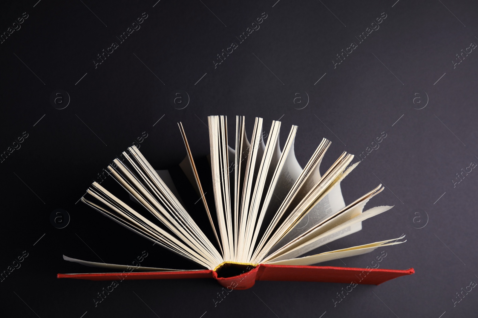 Photo of Hardcover book on black background, top view