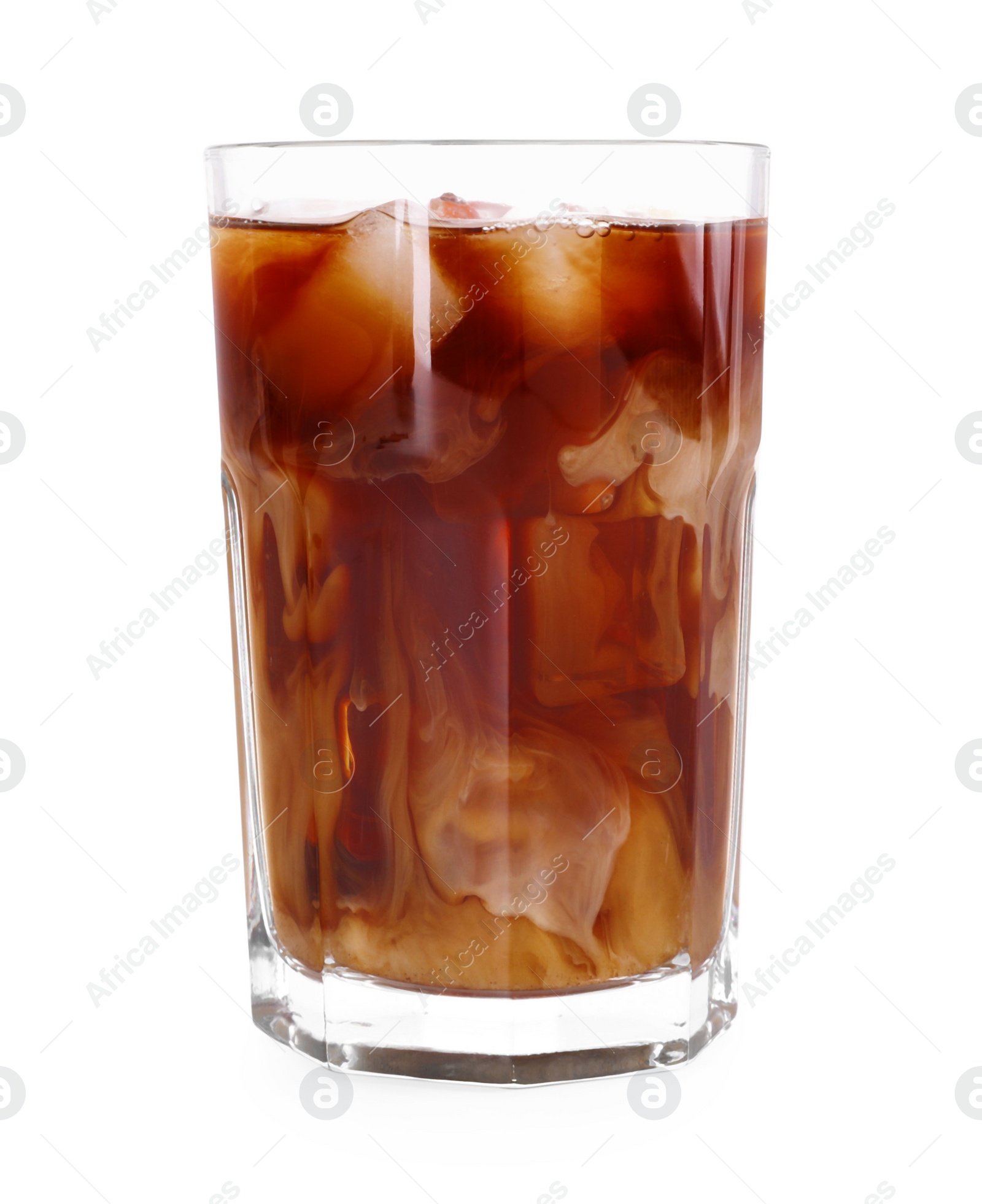 Photo of Glass of fresh iced coffee isolated on white