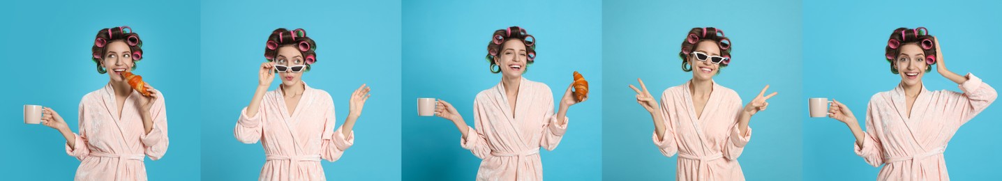 Collage with photos of beautiful young woman wearing bathrobe with hair curlers on light blue background. Banner design