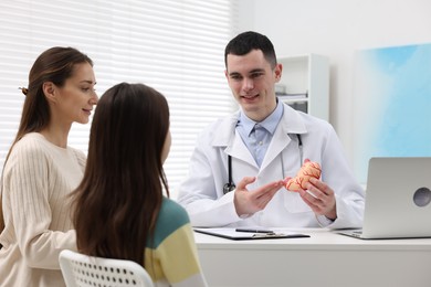 Gastroenterologist with model of stomach consulting woman and her daughter in clinic