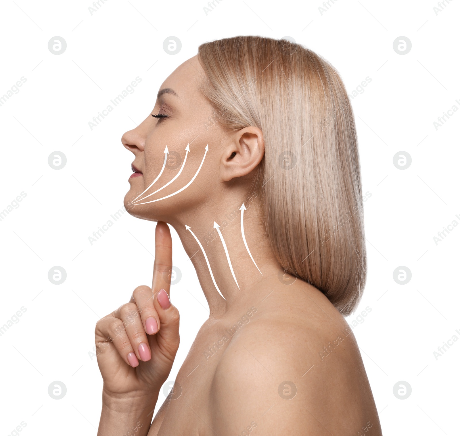 Image of Woman with perfect skin after cosmetic treatment on white background. Lifting arrows on her neck and face