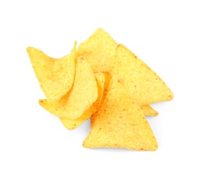 Tasty Mexican nachos chips on white background, top view