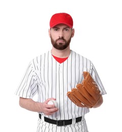 Photo of Baseball player with leather glove and ball on white background