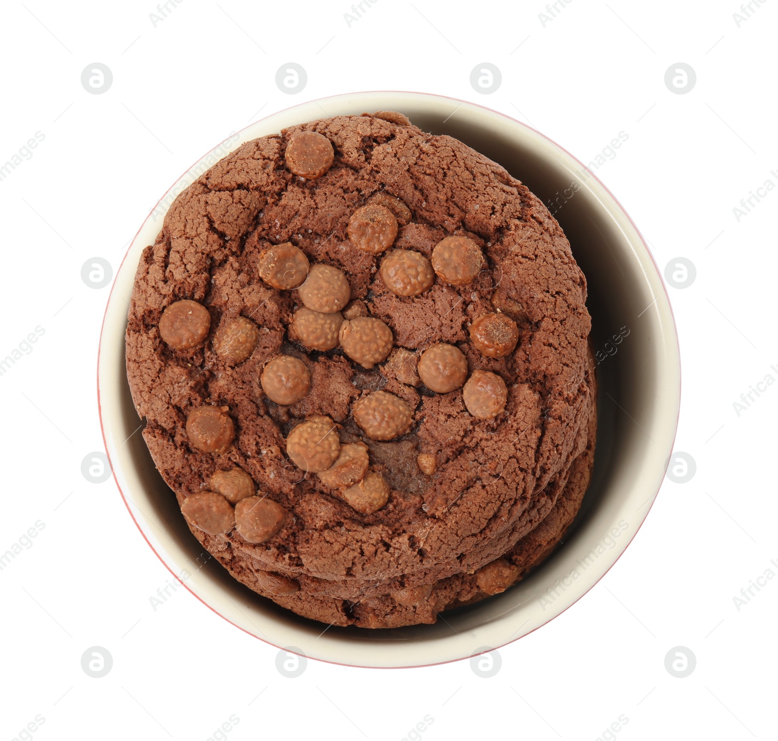 Photo of Delicious chocolate chip cookies in bowl isolated on white, top view