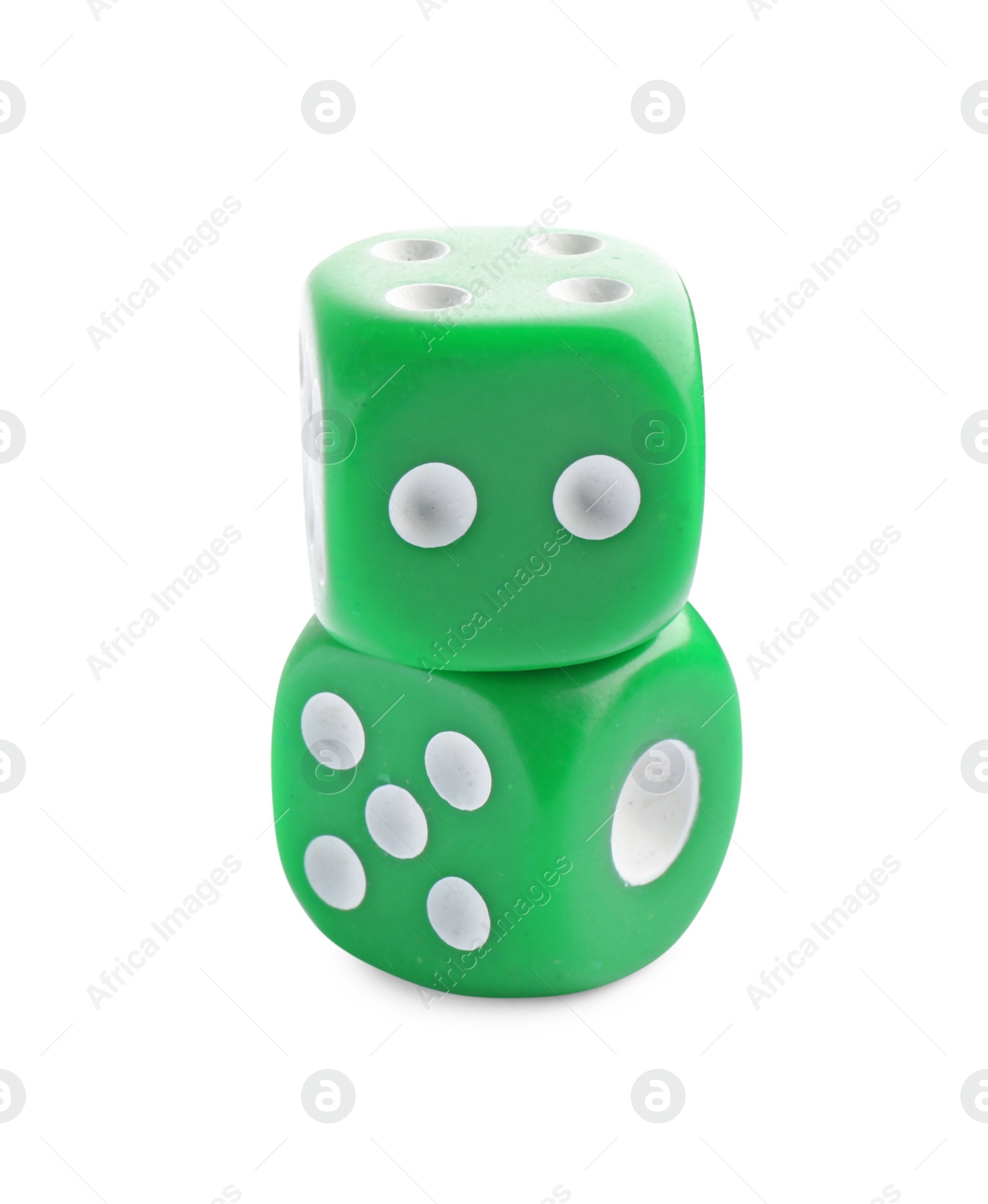 Photo of Two stacked green dices isolated on white