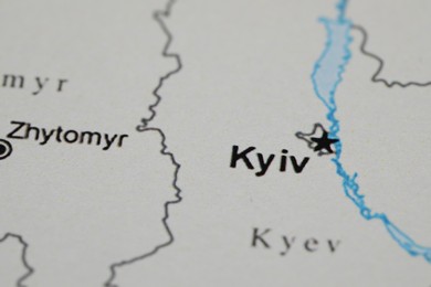 MYKOLAIV, UKRAINE - NOVEMBER 09, 2020: Kyiv city marked on map of Ukraine, closeup