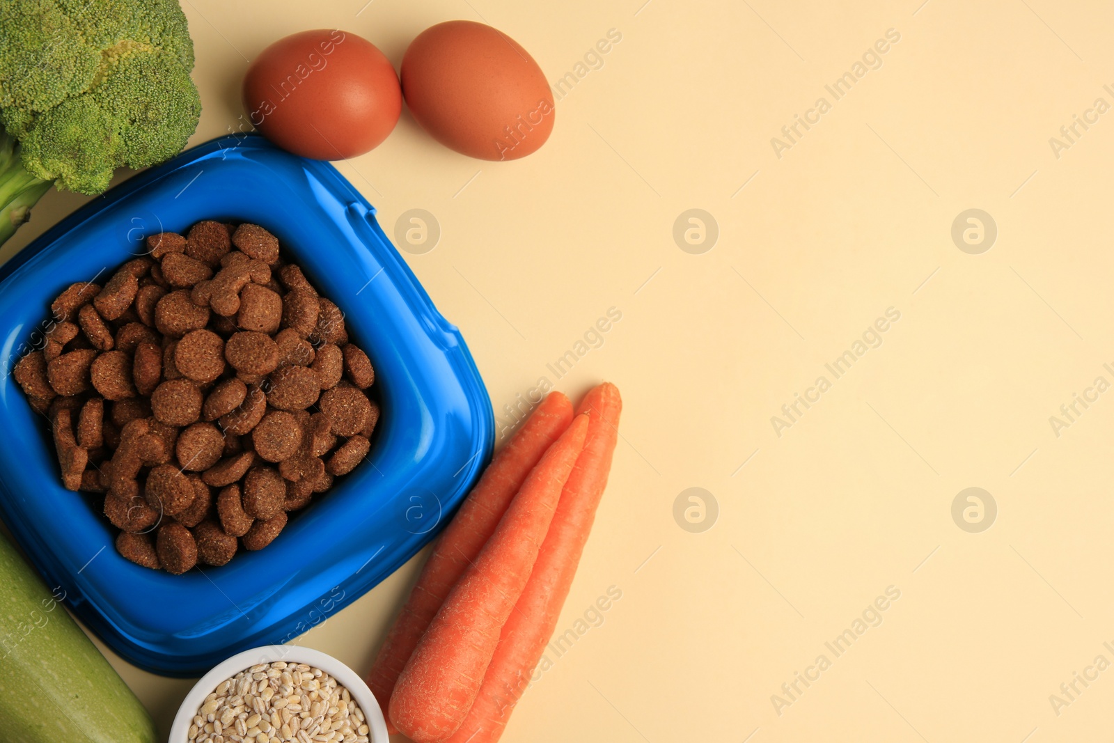 Photo of Dry pet food and products on beige background, flat lay. Space for text