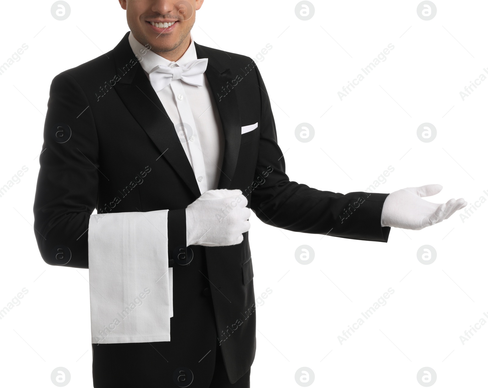 Photo of Butler with towel on white background, closeup