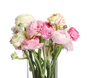 Photo of Beautiful ranunculus flowers in glass vase isolated on white