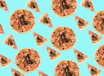 Image of Seafood pizza pattern design on light blue background 