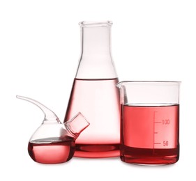 Image of Laboratory glassware with red liquid isolated on white