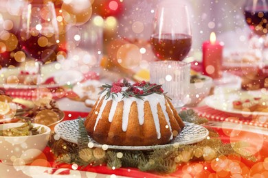 Image of Festive dinner with delicious cake served on table indoors. Christmas Eve celebration