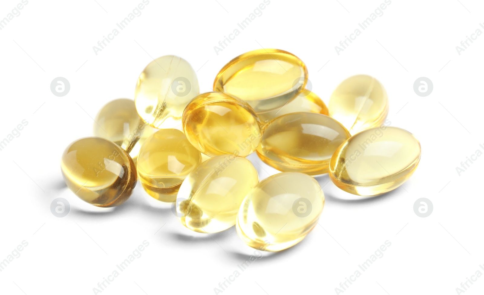 Photo of Cod liver oil pills on white background