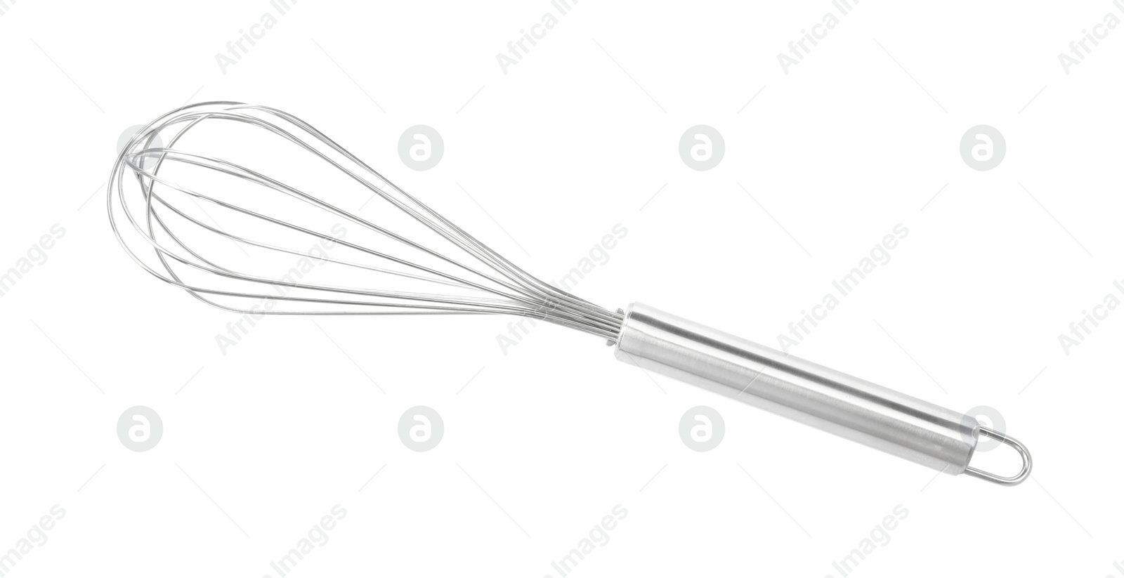 Photo of Metal whisk isolated on white, top view. Kitchen utensil