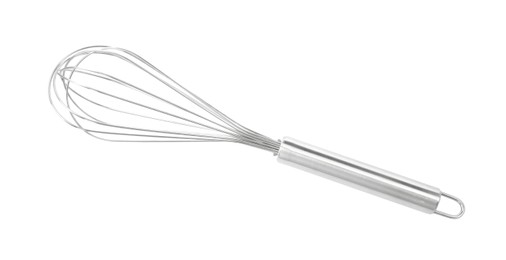 Metal whisk isolated on white, top view. Kitchen utensil