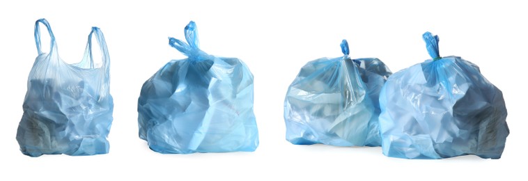 Image of Set with light blue trash bags full of garbage on white background. Banner design