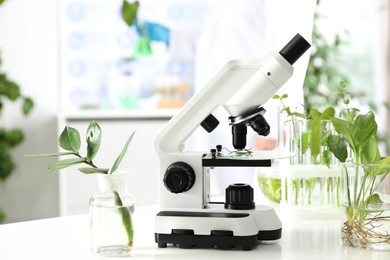 Laboratory glassware with plants and microscope on table. Biological chemistry