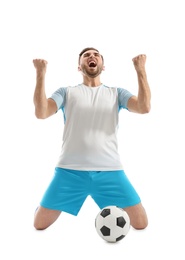 Photo of Young emotional football player on white background