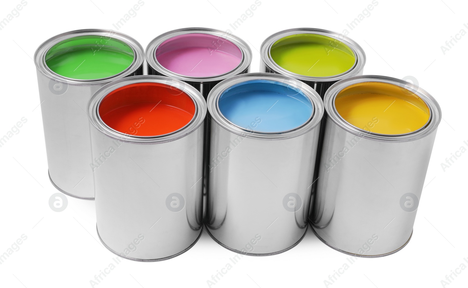 Photo of Cans of different paints on white background