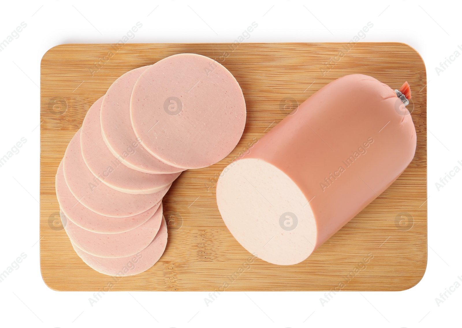 Photo of Wooden board with delicious boiled sausage isolated on white, top view