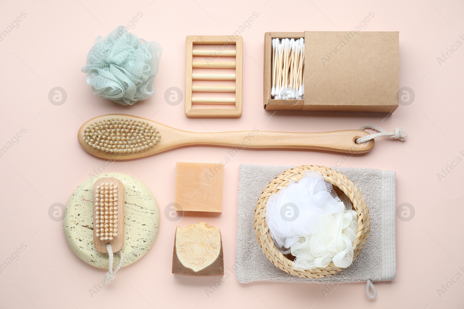 Photo of Bath accessories. Flat lay composition with personal care products on pink background