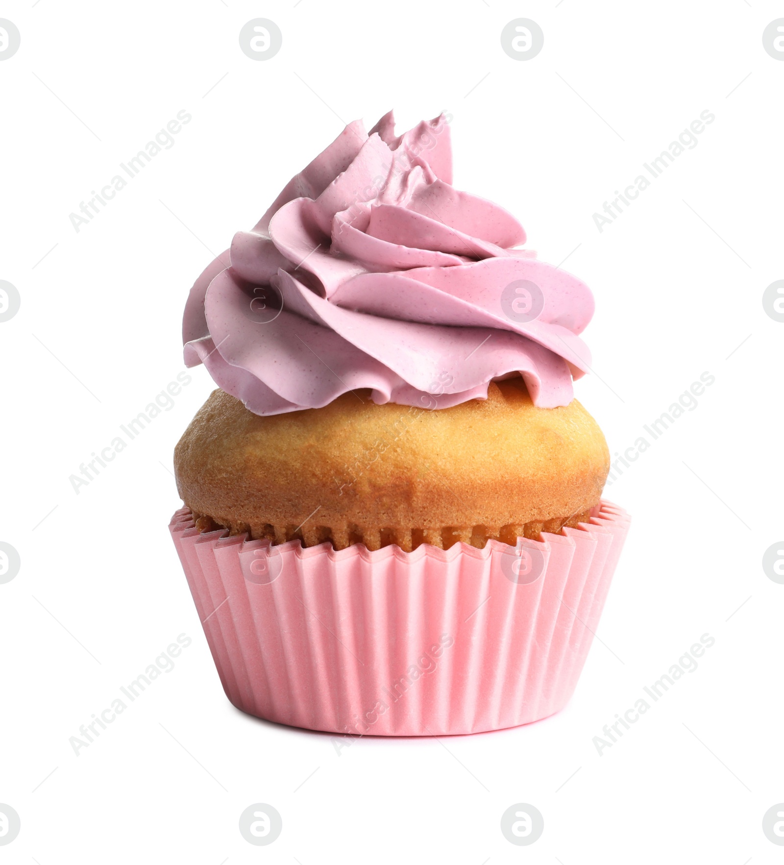 Photo of Delicious birthday cupcake on white background