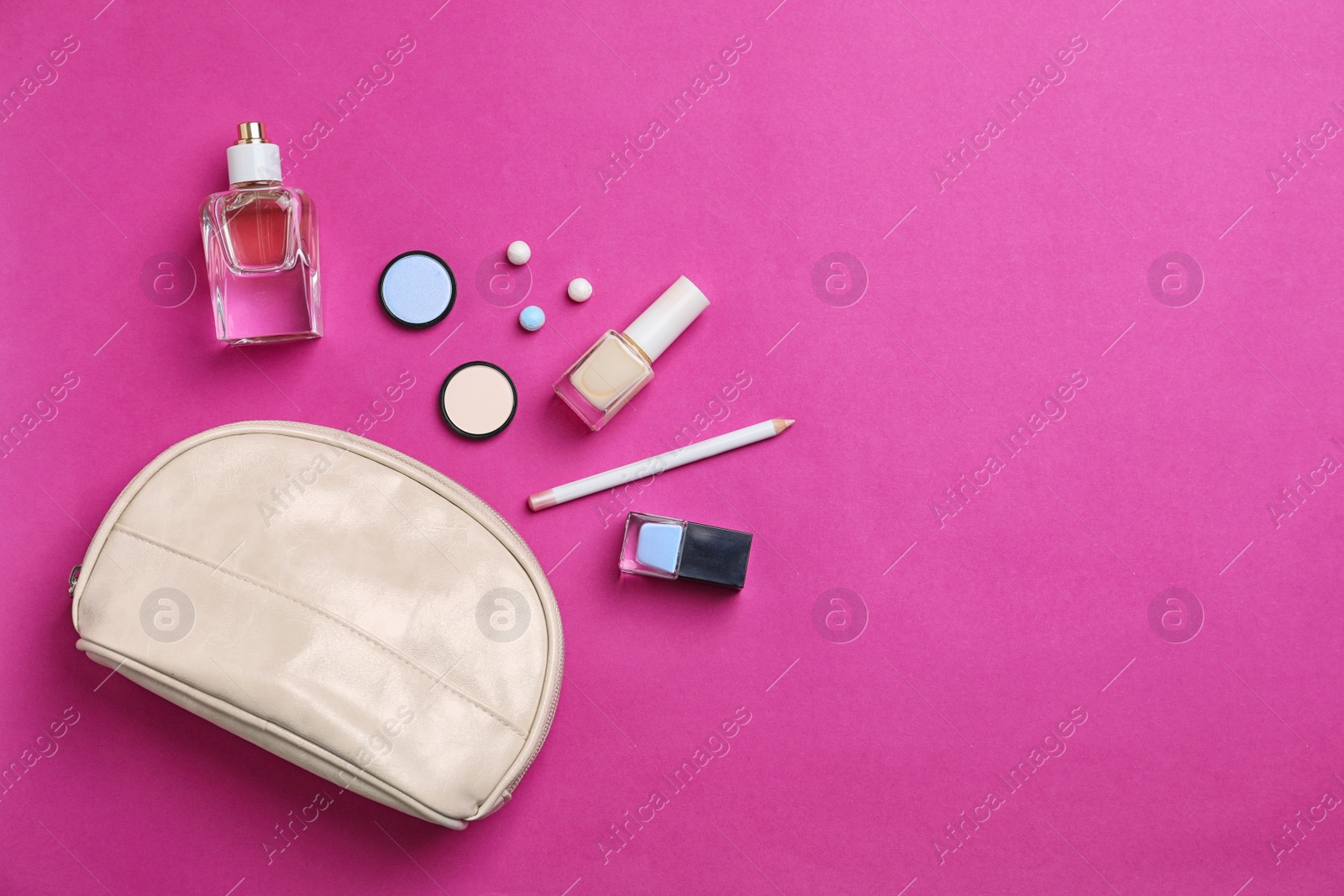 Photo of Flat lay composition with cosmetic products on color background