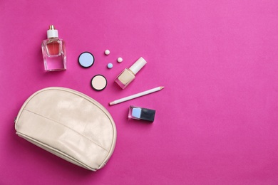 Flat lay composition with cosmetic products on color background