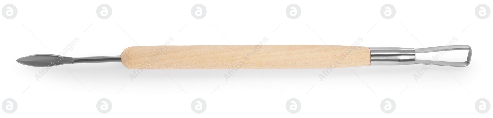 Photo of One wooden clay crafting tool isolated on white, top view