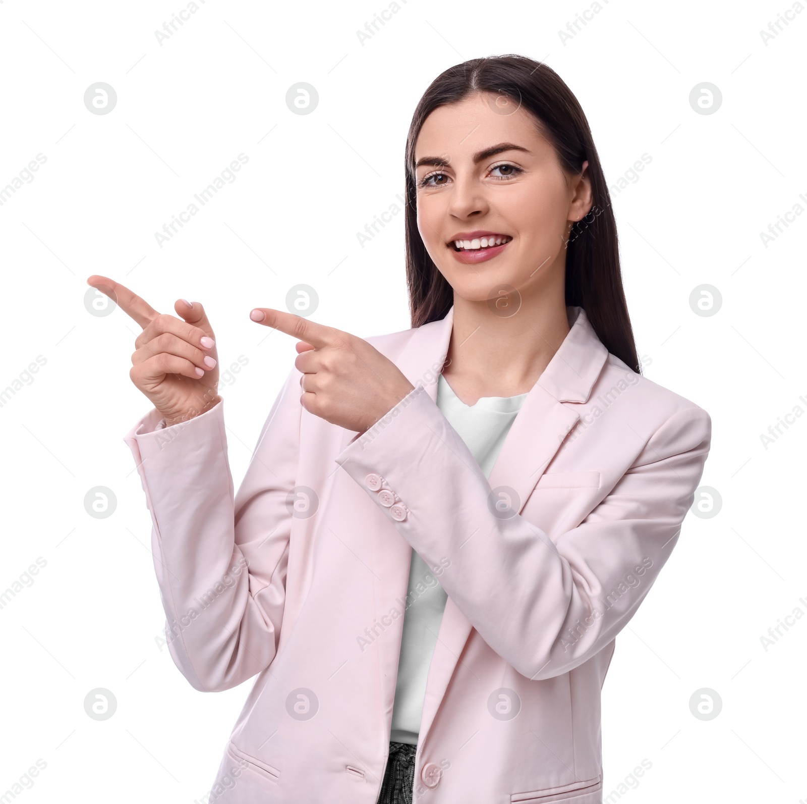 Photo of Beautiful businesswoman in suit pointing at something on white background