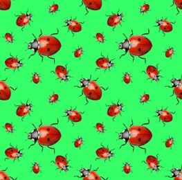 Image of Many red ladybugs on green background, flat lay 