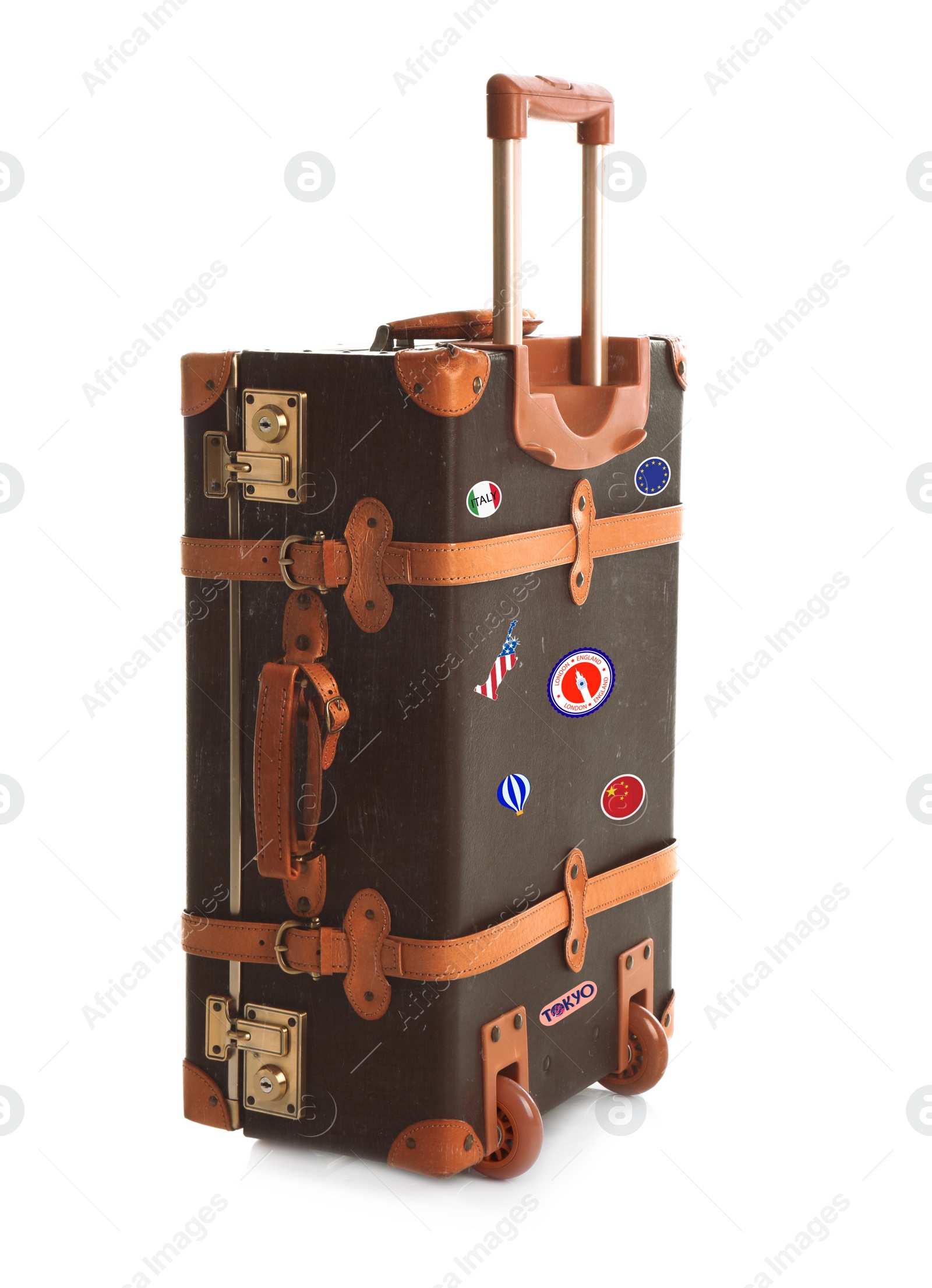 Image of Retro suitcase with travel stickers on white background