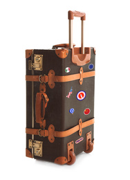 Image of Retro suitcase with travel stickers on white background