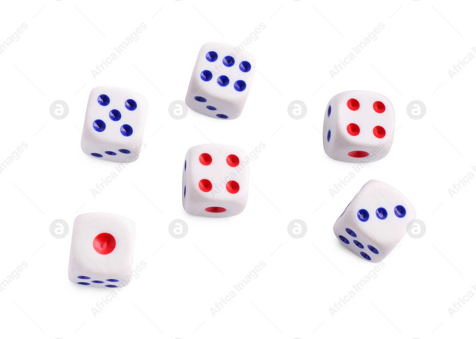 Photo of Many dices isolated on white, top view. Game cubes