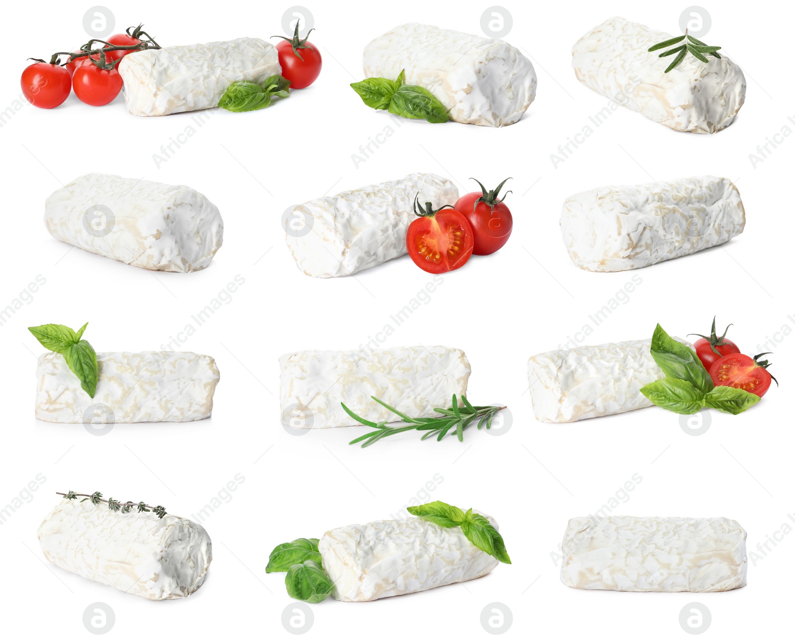 Image of Set with delicious goat cheese on white background