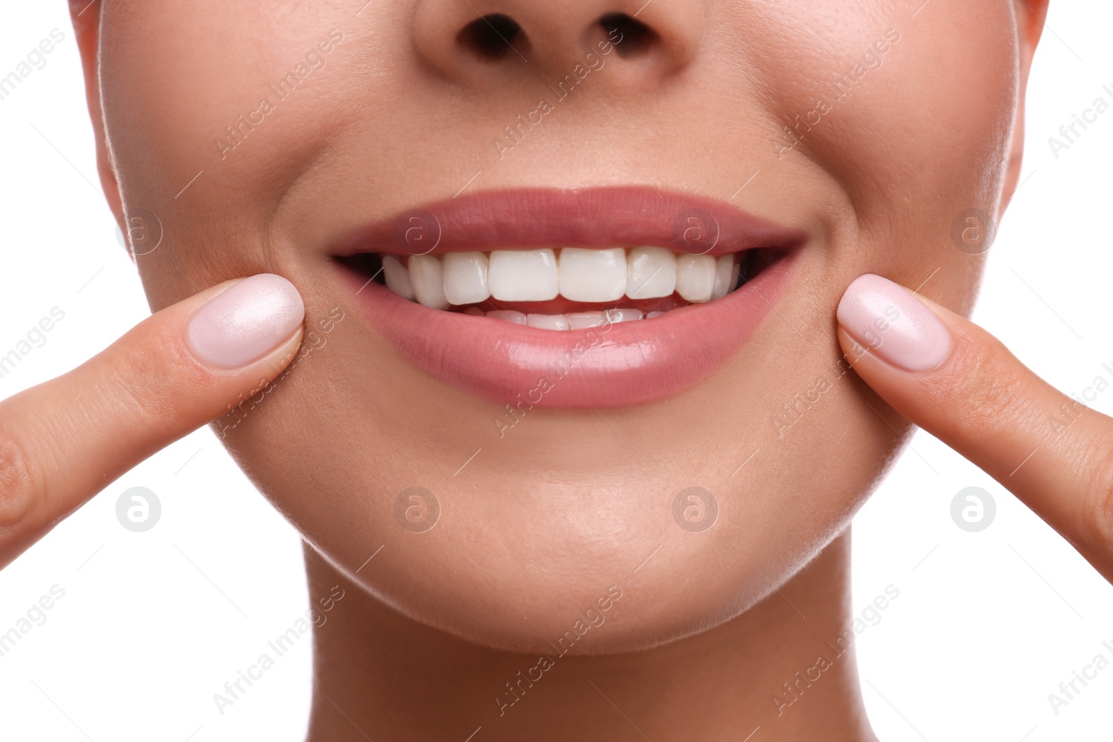 Photo of Young woman with beautiful smile on white background, closeup. Cosmetic dentistry