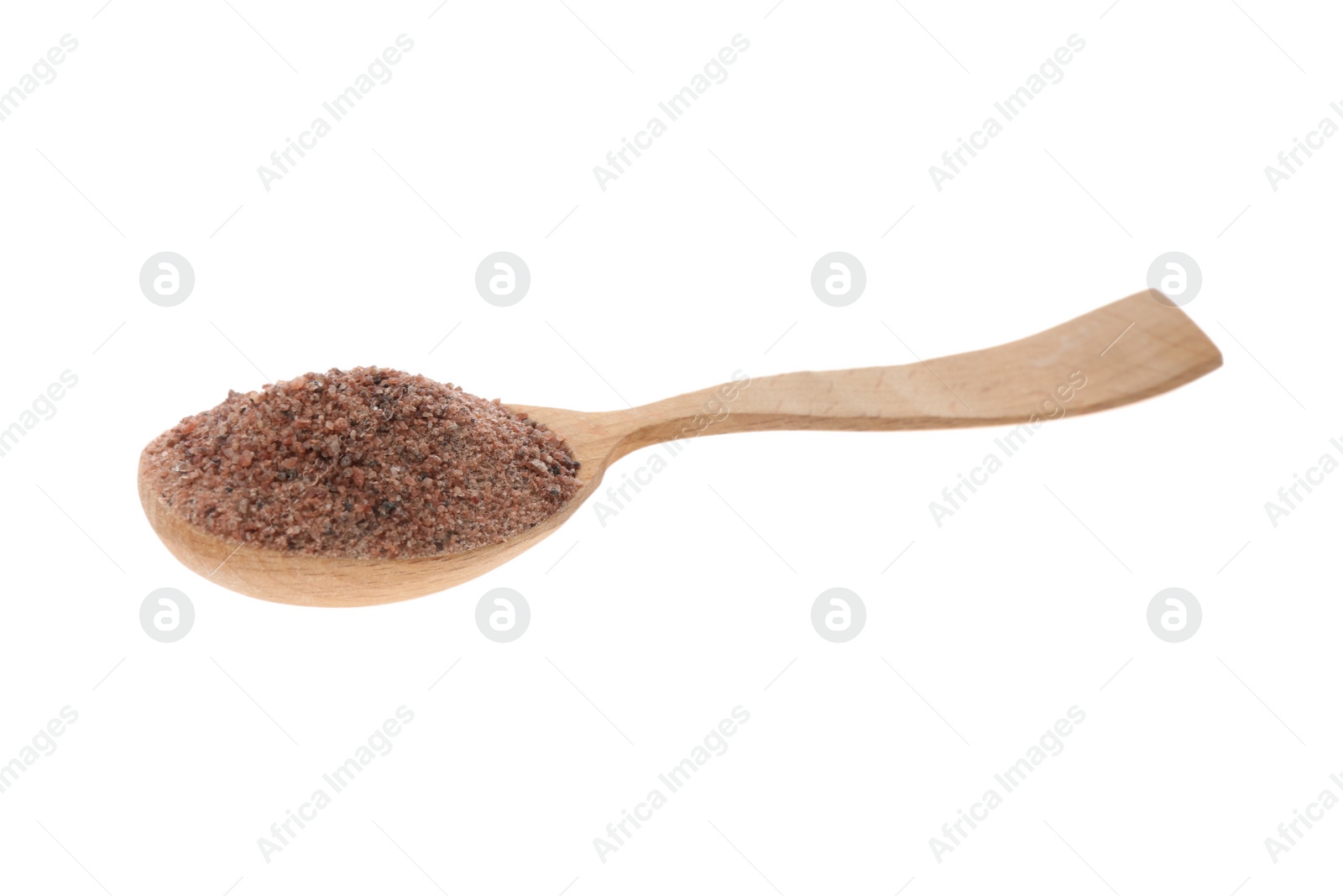 Photo of Ground black salt in spoon isolated on white