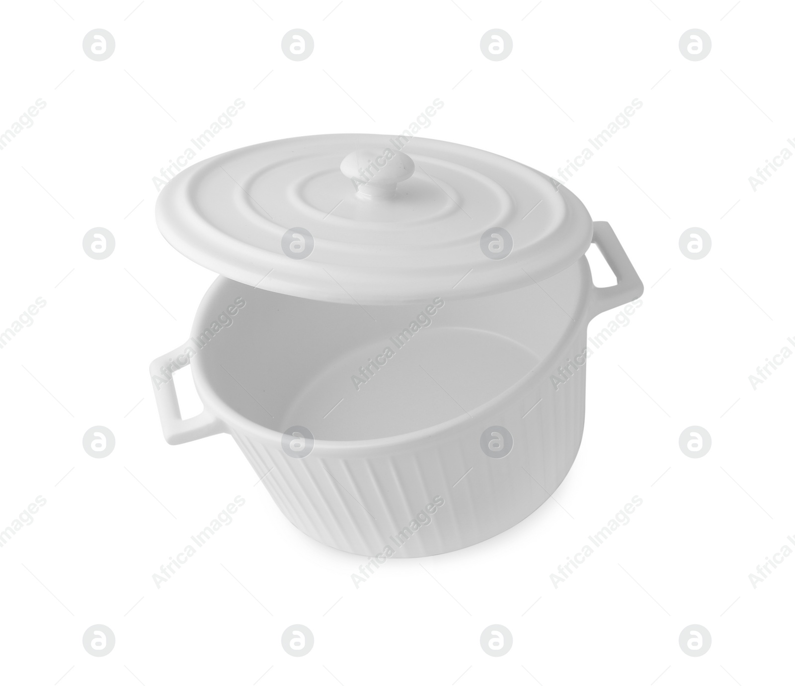 Photo of One empty ceramic pot with lid isolated on white