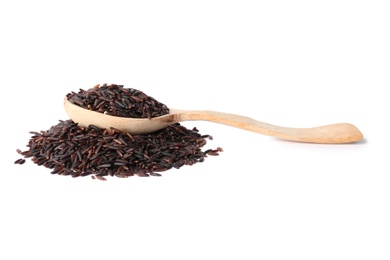 Photo of Spoon and uncooked black rice on white background