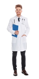 Photo of Full length portrait of medical doctor with clipboard and stethoscope isolated on white